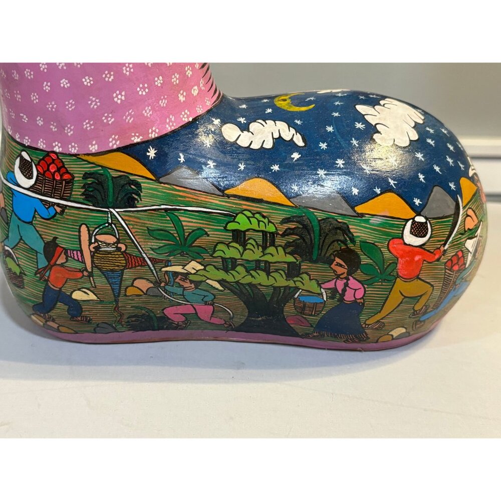 Hand Painted & Handmade Cat Purple Village Scene Pottery Tonala Mexico Folk Art - Picture 4 of 10